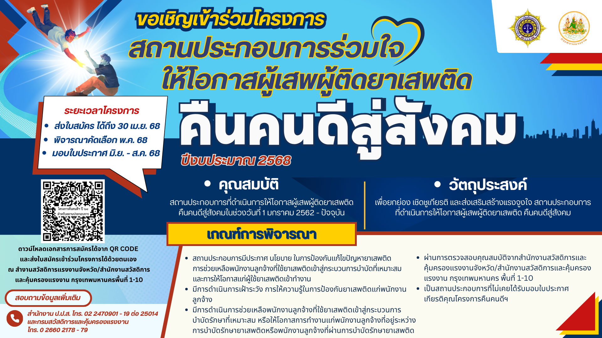 สรจ.ระนองขอประชาสัมพันธ์เชิญชวนให้นายจ้าง/สถานประกอบการเข้าร่วมโครงการสถานประกอบการร่วมใจให้โอกาสผู้เสพผู้ติดยาเสพติดคืนคนดีสู่สังคม หากสถานประกอบการที่สนใจเข้าร่วมโครงการฯ ให้ยื่นแบบแจ้งความจำนงเข้าร่วมโครงการฯ และจัดส่งให้สำนักงานสวัสดิการและคุ้มครองแรงงานจังหวัด ภายในวันที่ 30 เมษายน 2568